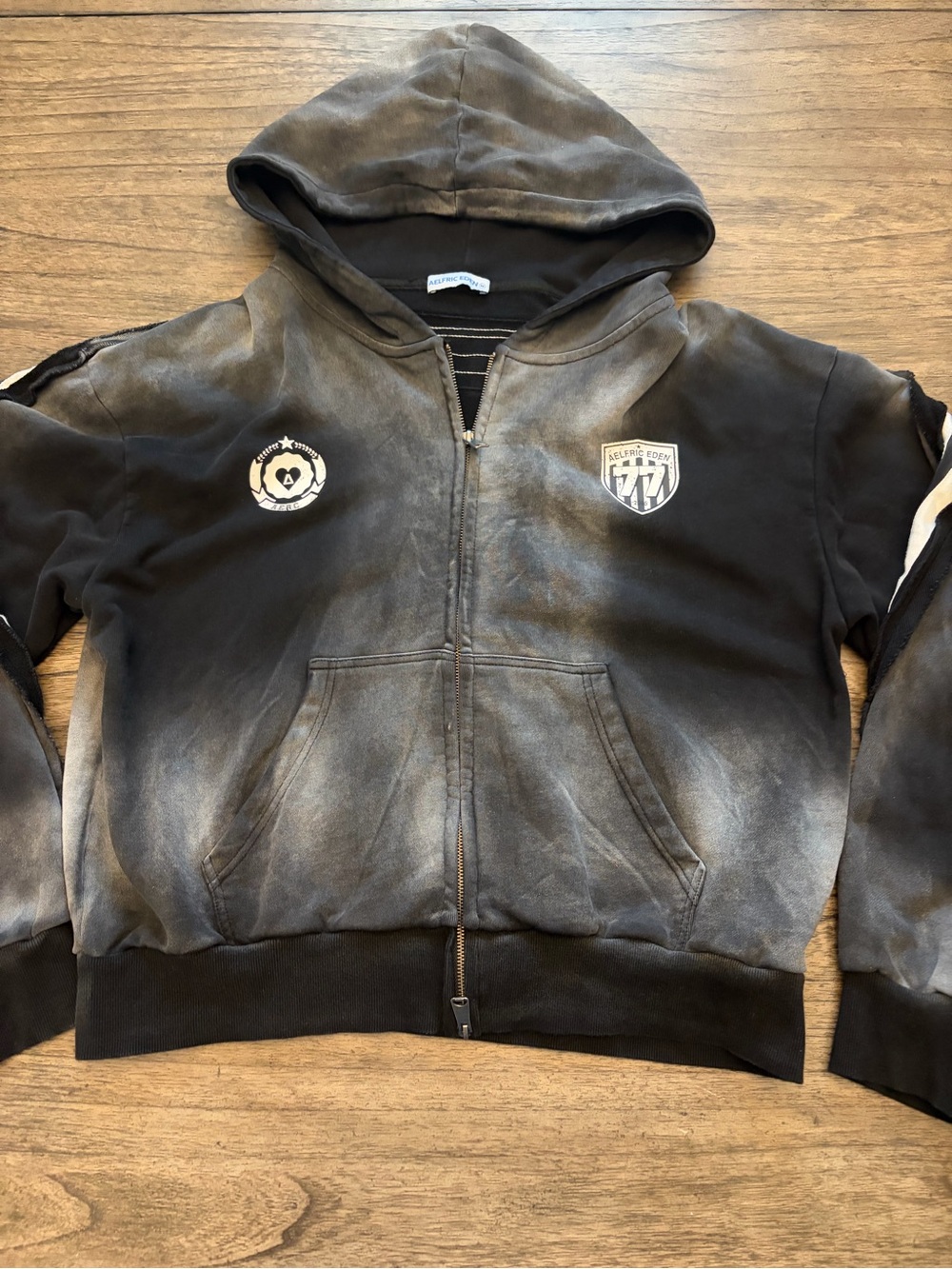 Aelfric Eden Black Hooded Zip Jacket with White Faded Distress